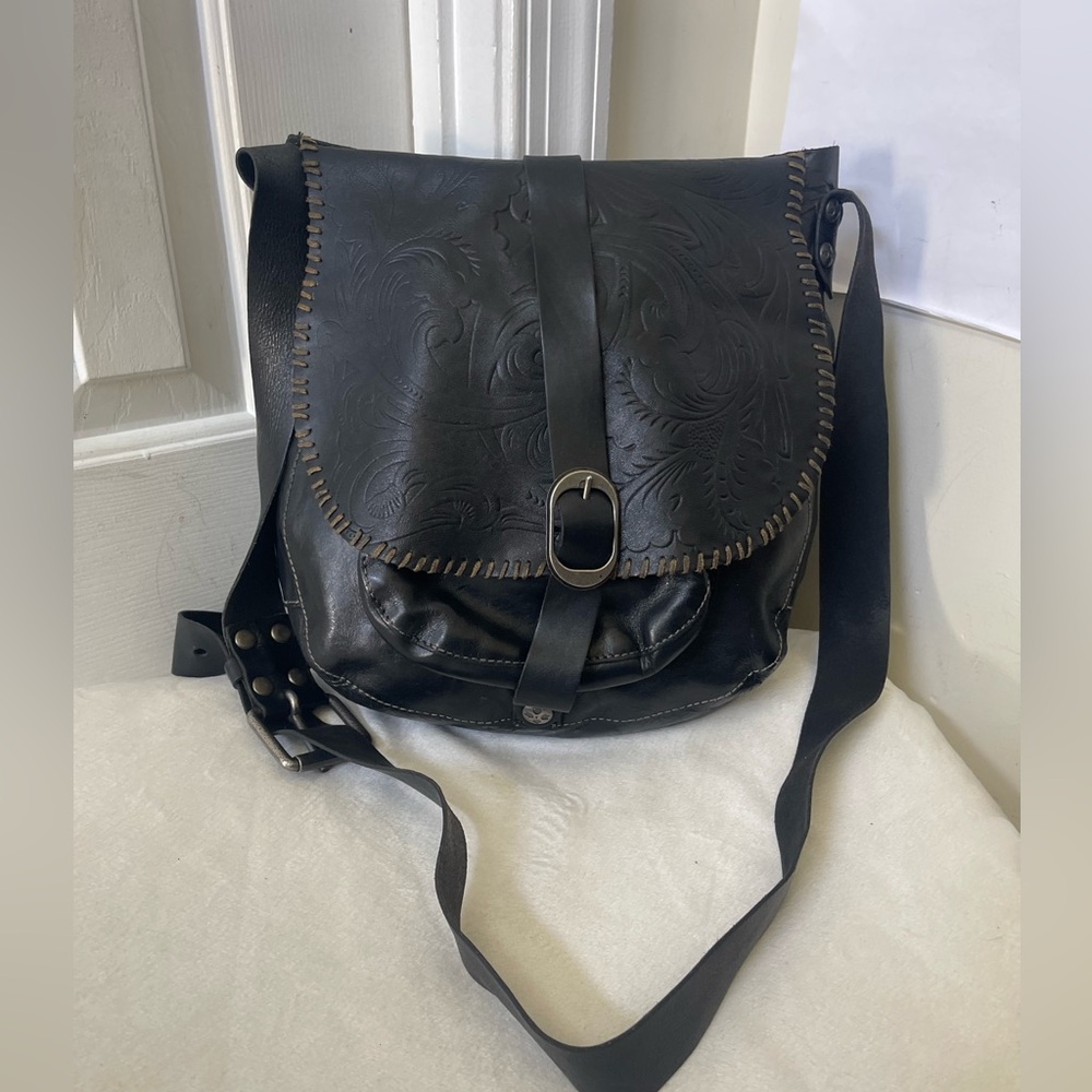 Patricia Nash Black Tooled Leather Messenger Bag